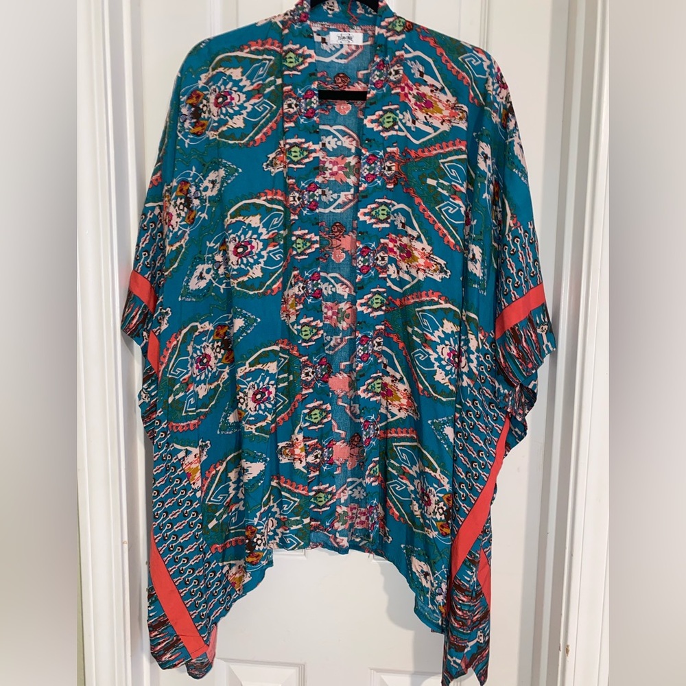 Vibrant Teal and Red Floral Kimono